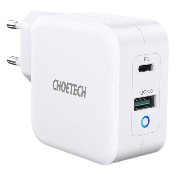 Choetech GaN 2-port USB-C PD og USB-A QC 3.0 Vgoplader 65W, hvid