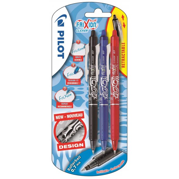 Pilot Frixion Clicker m/klik 0,7, blister, ass. frger, 3 st,  raderbar penna