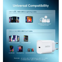 Choetech USB-C PD v&auml;ggladdare, 20W, vit