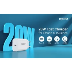 Choetech USB-C PD v&auml;ggladdare, 20W, vit