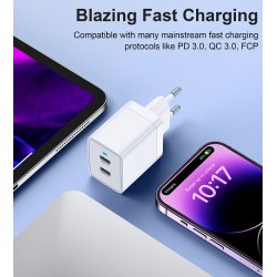 Choetech Dual Type-C V&auml;ggladdare 40W PD - Vit