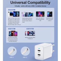 Choetech Dual Type-C V&auml;ggladdare 40W PD - Vit
