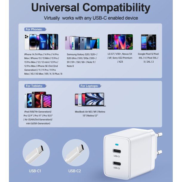 Choetech Dual Type-C V&auml;ggladdare 40W PD - Vit