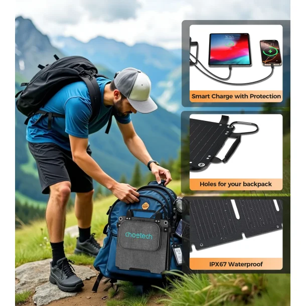 Choetech solpanel med 2 portar, 28W, gr