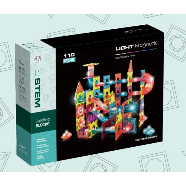 Magnetic Tiles kuglebane med lys, 110 dele