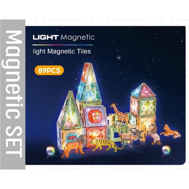 Magnetic Tiles with Animals and Lights - 89 Pieces