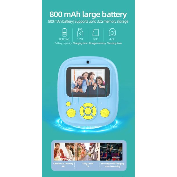 Digital Kamera til brn, m. termisk Printer, bl