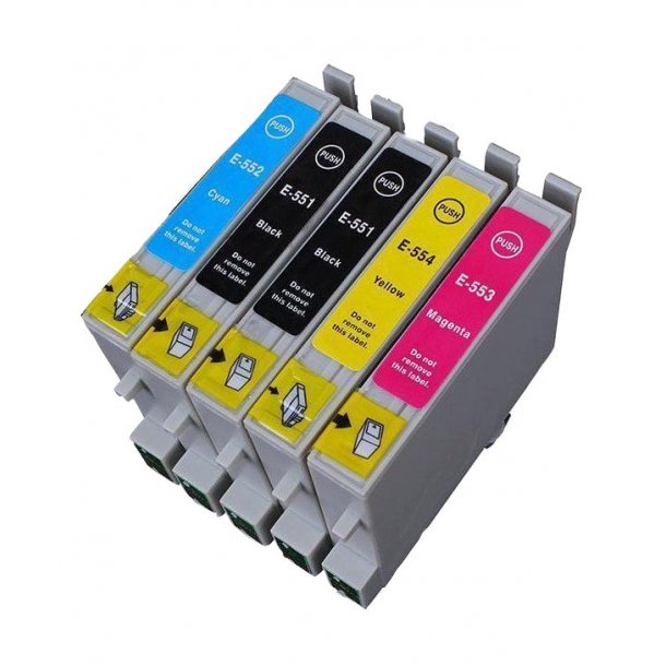 Kompatibel till Epson T0551 / T0552 / T0553 / T0554 Bl&auml;ckpatroner Rabattpaket 5 st kompatibel 91 ml