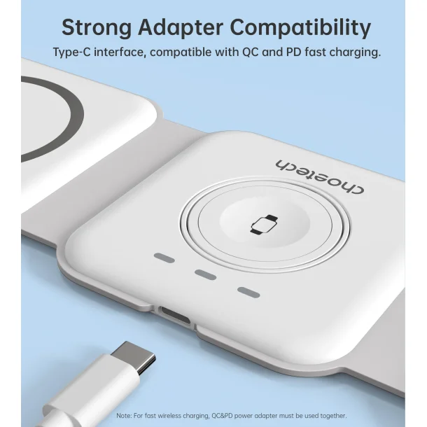 Choetech trdl&ouml;s magnetisk laddare 3-i-1, hopf&auml;llbar, vit