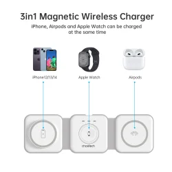 Choetech trdl&ouml;s magnetisk laddare 3-i-1, hopf&auml;llbar, vit