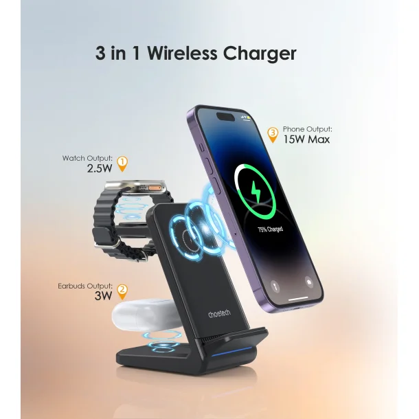 Choetech trdl&ouml;s laddare T608-F 4-i-1, svart