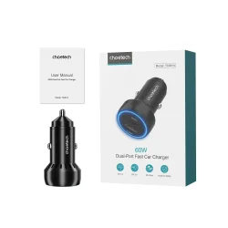 Choetech biladapter 2-port USB-C + USB-A, QC, 60W svart