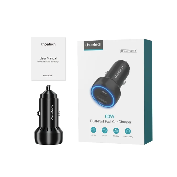 Choetech biladapter 2-port USB-C + USB-A, QC, 60W svart