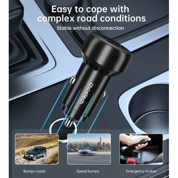 Choetech biladapter 2-port USB-C + USB-A, QC, 60W svart