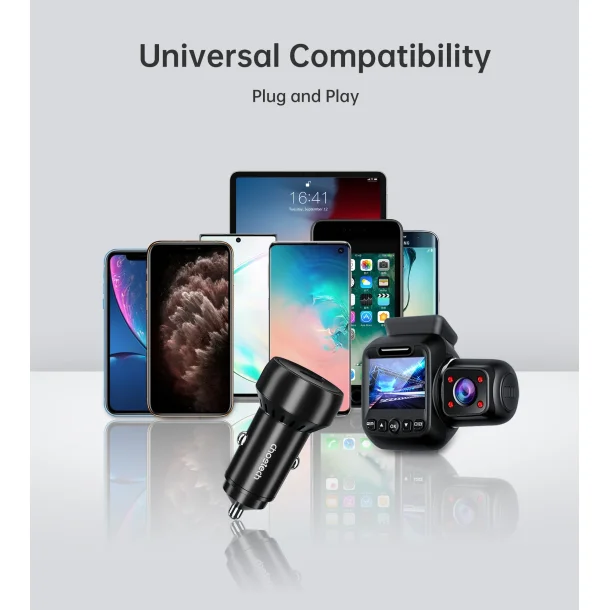 Choetech biladapter 2-port USB-C + USB-A, QC, 60W svart