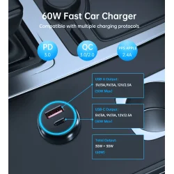 Choetech biladapter 2-port USB-C + USB-A, QC, 60W svart
