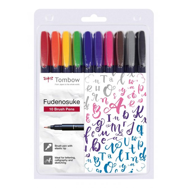 Tombow Brush Pen Fudenosuke, hrd, ass. farver, 10 stk