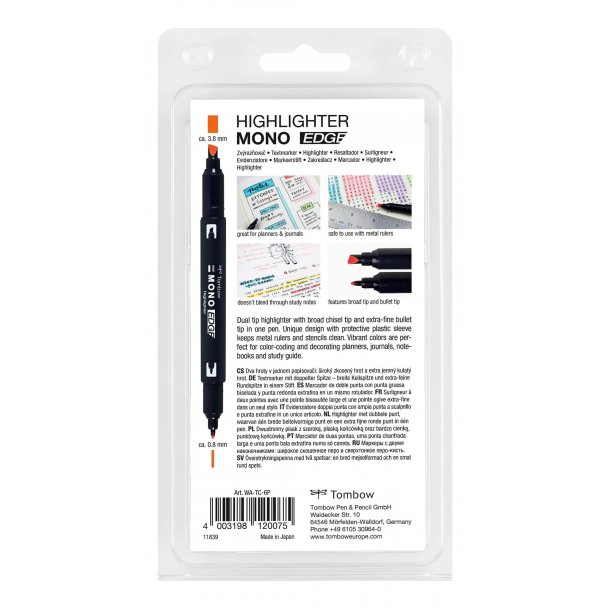 Tombow Markera pen MONO Edge Set, ass. frger, 6 st, dubbel spets