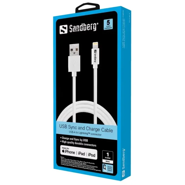 Sandberg USB - lightning kabel, 1 m, vit