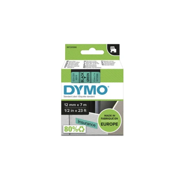 Dymo Prgetape D1 sort/grnn 12 mm x 7 m - 45019