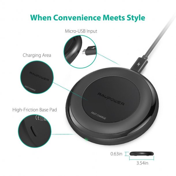 RAVPower Trdls Qi Oplader, 10W inkl. Quick Charge 3.0, Sort
