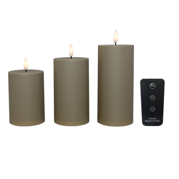Cozzy outdoor pillar candle, 3D flame, sand, 3 pack incl. remote control