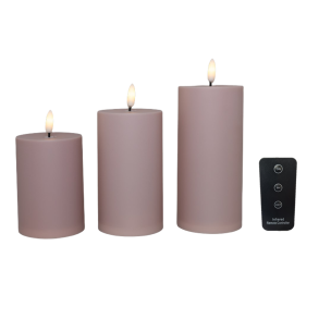 LED bloklys - udendrs, rosa, 3 stk. med fjernbetjening